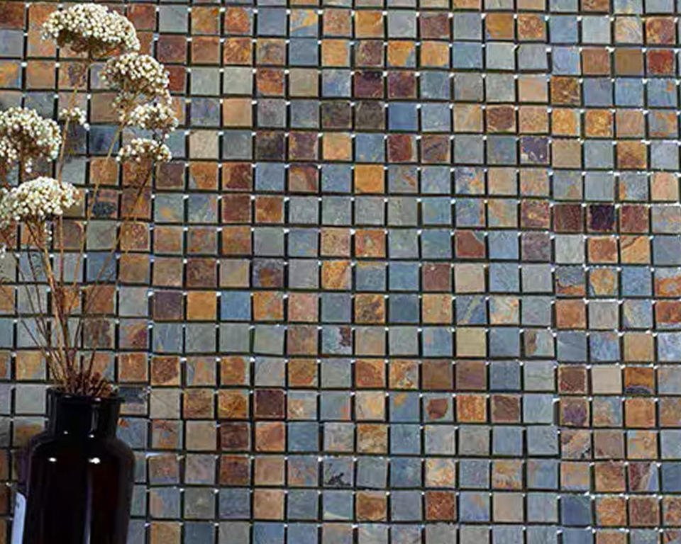 NaturalMixedSlateMosaicTile – SplitSurfaceEco – friendly 1×1 InchSquareTile – SuitableForOutdoorAndInterior Wall