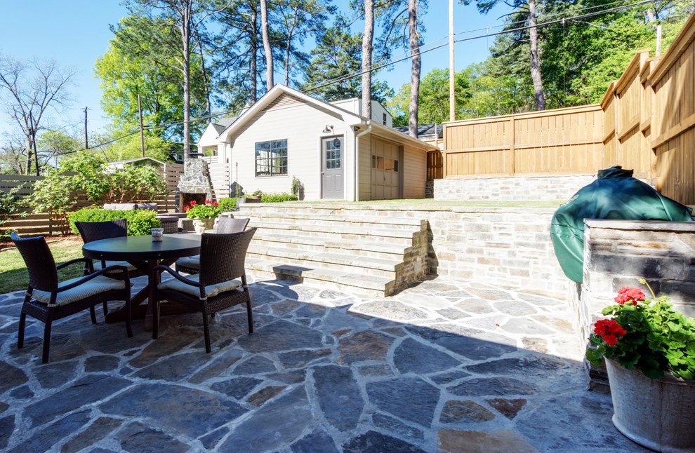 Rustic crazy paving patio in warm rust tones